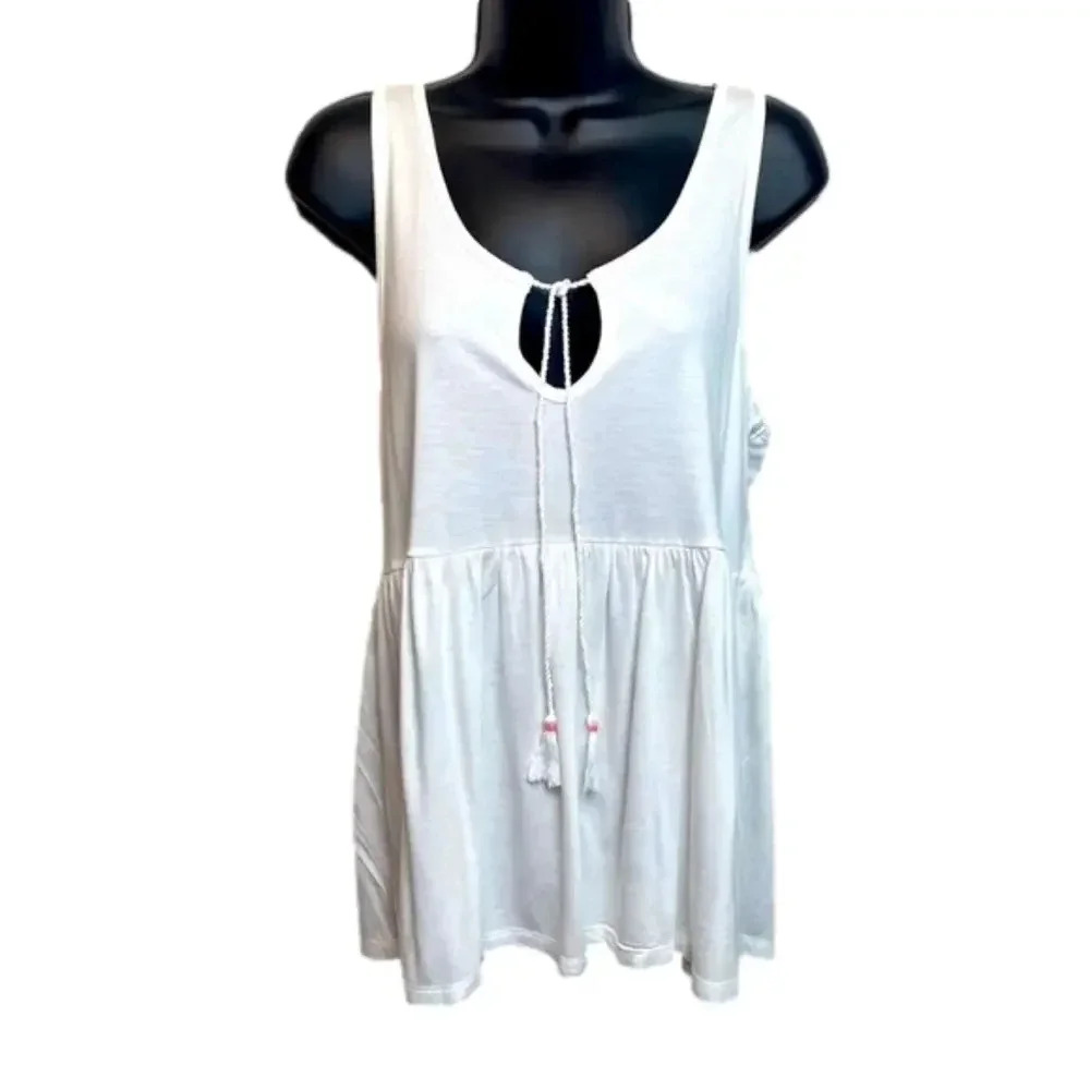 VENUS white tank with keyhole‎ opening in front with tie up tassels.